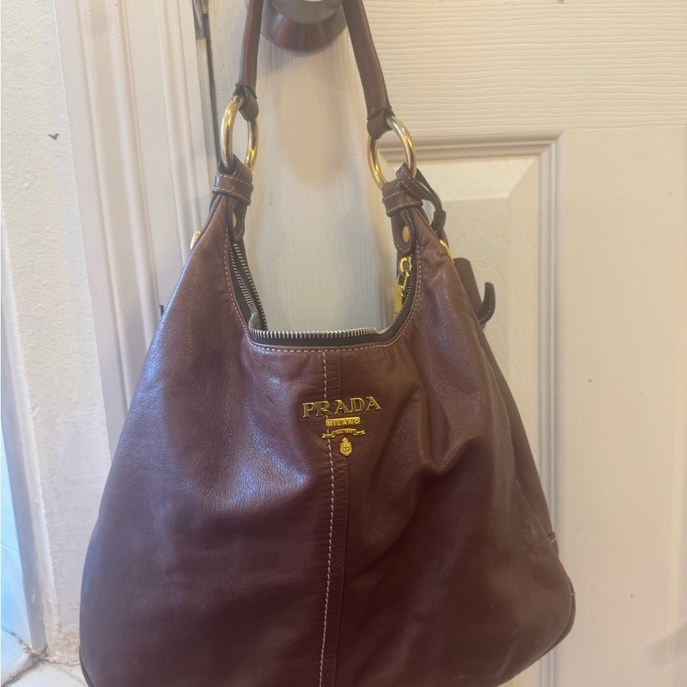 Prada Brown Leather Shoulder Bag with Gold Hardware